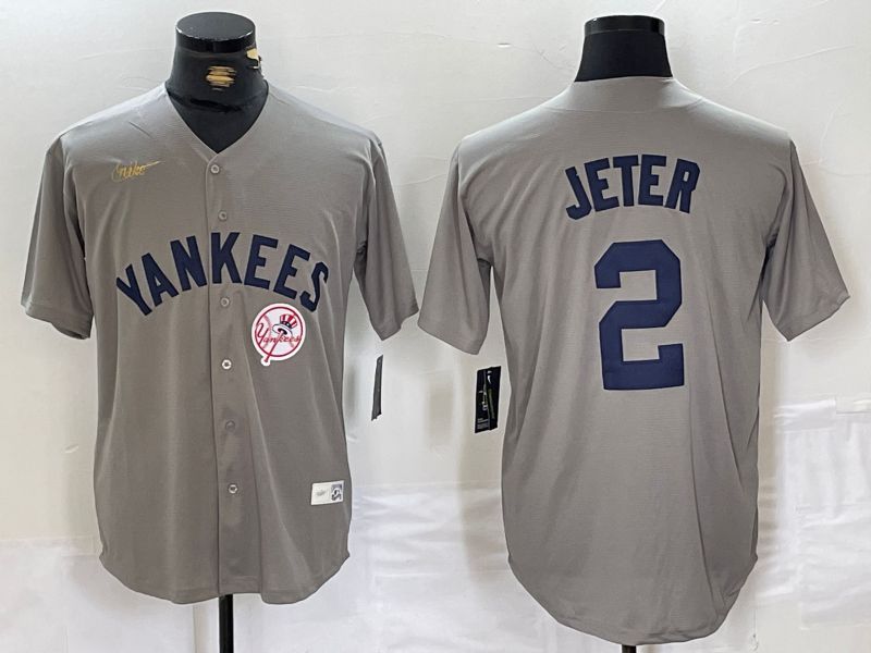 Men New York Yankees #2 Jeter Grey Throwback Nike Game 2024 MLB Jersey style 13